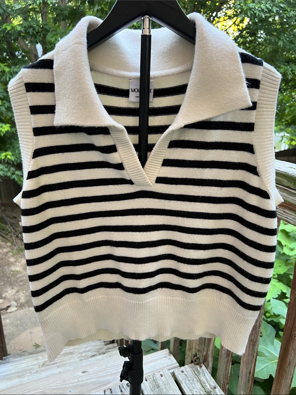 MOONRISE Nautical Inspired Striped Knit Polo Sweater Vest - Black & White